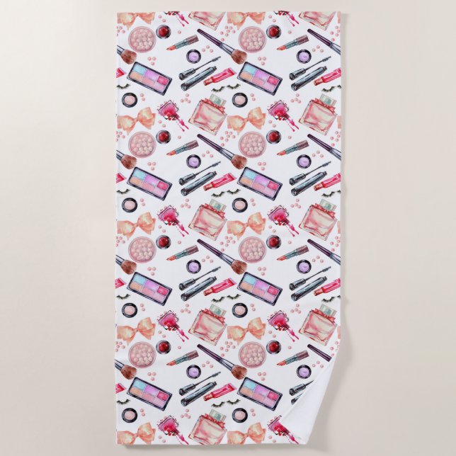 Watercolor Makeup Pattern Beach Towel (Front)