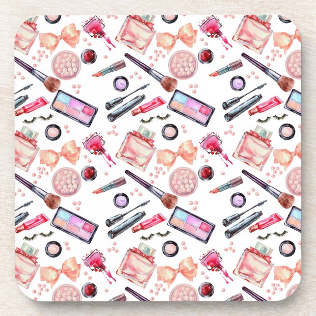 Watercolor Makeup Pattern Beverage Coaster (Front)