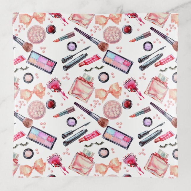 Watercolor Makeup Pattern Trinket Tray (Front)