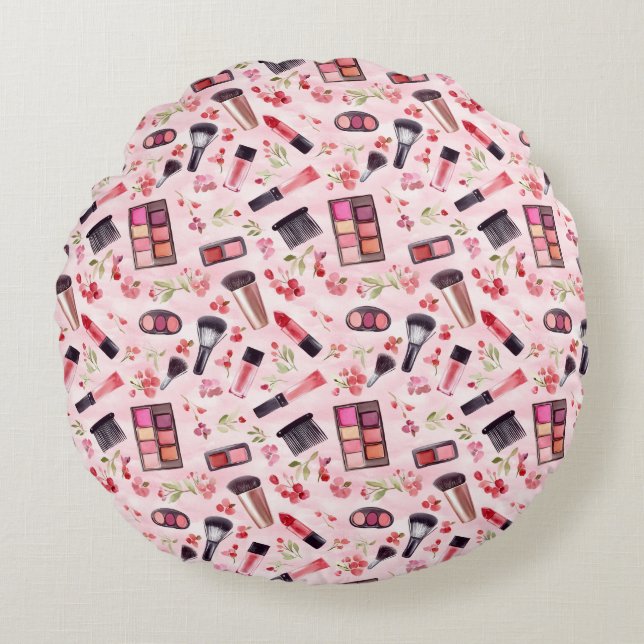 Watercolor Makeup Pattern with Feminine Charm Round Pillow (Front)