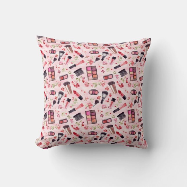 Watercolor Makeup Pattern with Feminine Charm Throw Pillow (Front)