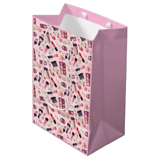 Watercolor Makeup Pattern with Pink Flowers Medium Gift Bag