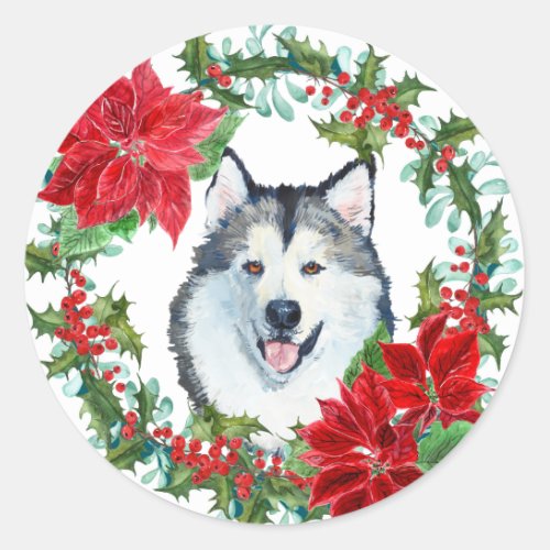 Watercolor Malamute Dog Poinsettia Holiday Wreath Classic Round Sticker