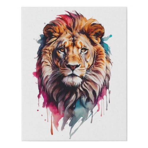 Watercolor Male Lion Cat Splatter Art Portrait  Faux Canvas Print