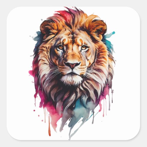 Watercolor Male Lion Cat Splatter Art Portrait  Square Sticker