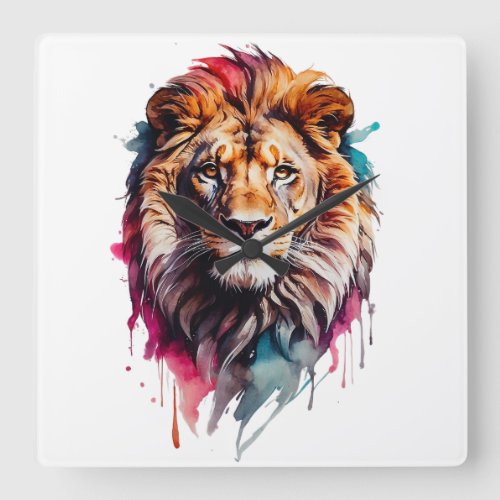 Watercolor Male Lion Cat Splatter Art Portrait  Square Wall Clock