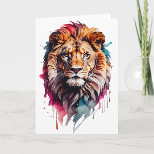 Watercolor Male Lion Splatter Art Portrait Blank Card