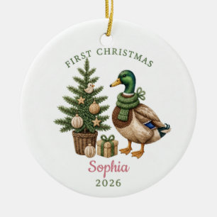 Watercolor Mallard Duck Baby 1st Christmas Ceramic Ornament