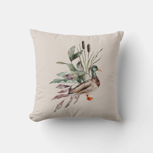 Watercolor Mallard Duck Cattails Foliage Wildlife Throw Pillow (Front)