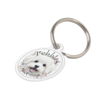 Watercolor Maltese and Floral Wreath Pet ID Tag