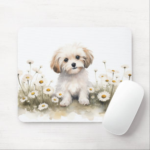 Watercolor Maltese In Daisies Mouse Pad