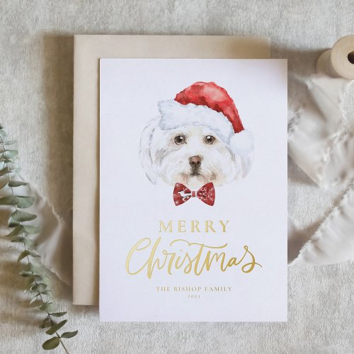 Watercolor Maltese in Santa Hat Merry Christmas Foil Holiday Card