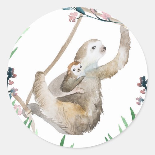 Watercolor Mama and Baby Sloth Classic Round Sticker