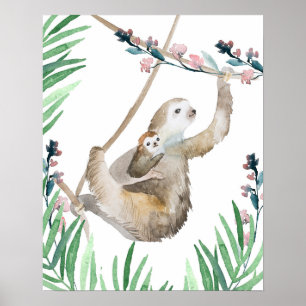 Watercolor mama and baby Sloth Poster