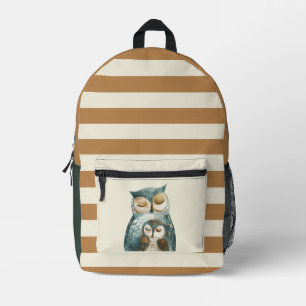 Watercolor Mama Owl& Owlet Brown Stripe Pattern Printed Backpack