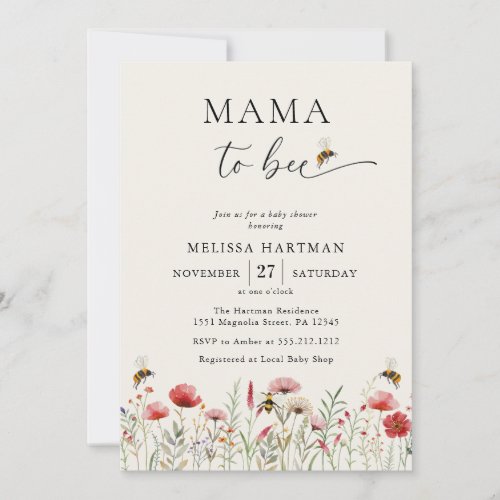 Watercolor Mama to Bee Wildflower Baby Shower Invitation