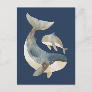 Watercolor Mama Whale& Calf Cute Navy Blue Postcard
