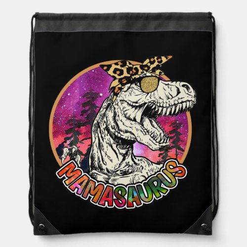 Watercolor Mamasaurus Dinosaur Walk In Flowers  Drawstring Bag