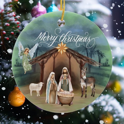 Watercolor Manager Nativity Christmas Monogram Ceramic Ornament