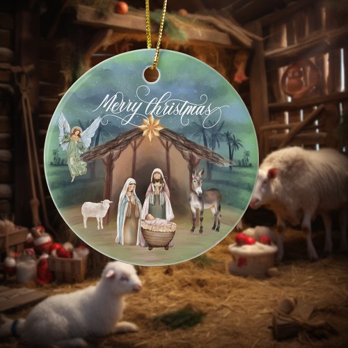 Watercolor Manager Nativity Christmas Scene Ceramic Ornament