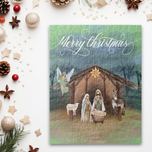 Watercolor Manager Nativity Christmas Scene Jigsaw Puzzle