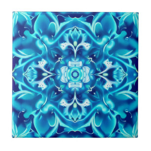 Watercolor Mandala Flower in Shades of Indigo Blue Ceramic Tile