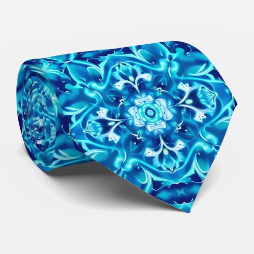 Watercolor Mandala Flower in Shades of Indigo Blue Neck Tie