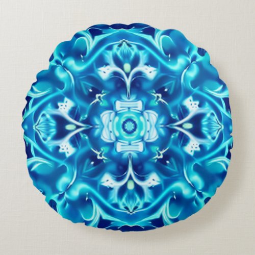 Watercolor Mandala Flower in Shades of Indigo Blue Round Pillow