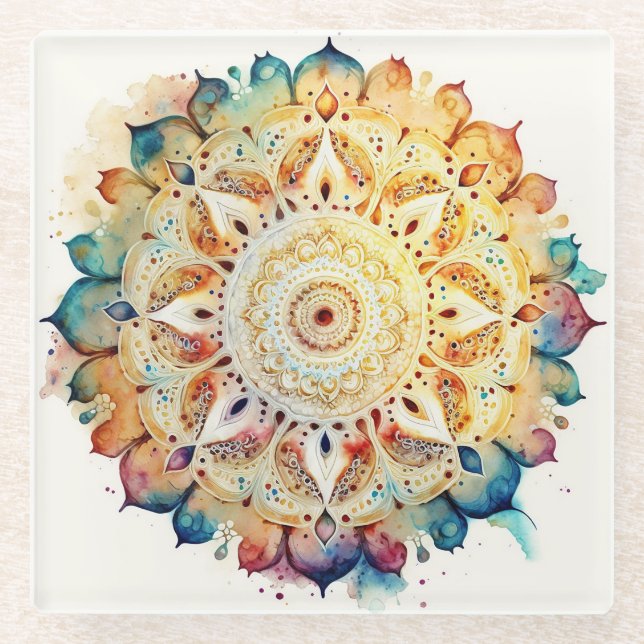 Watercolor Mandala Glass Coaster (Front)