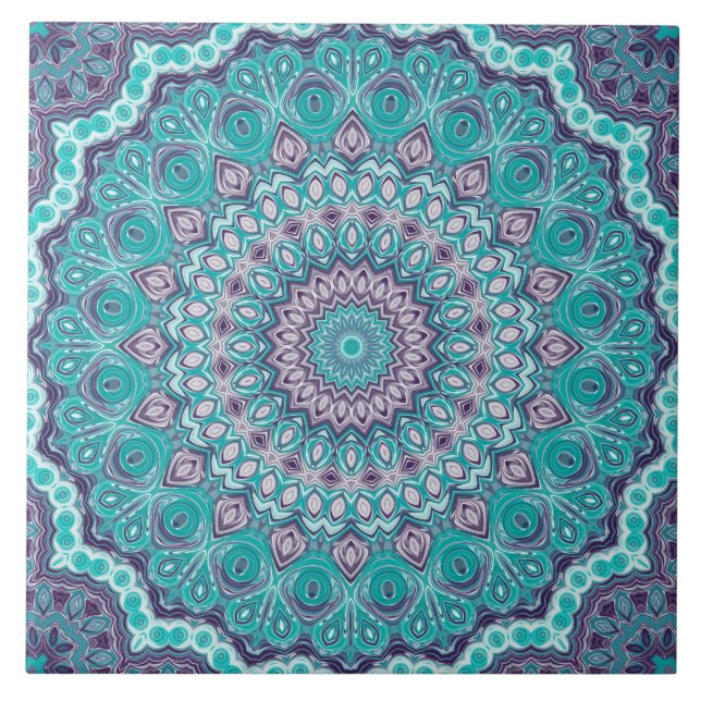 Watercolor Mandala in Teal and Purple Ceramic Tile (Front)