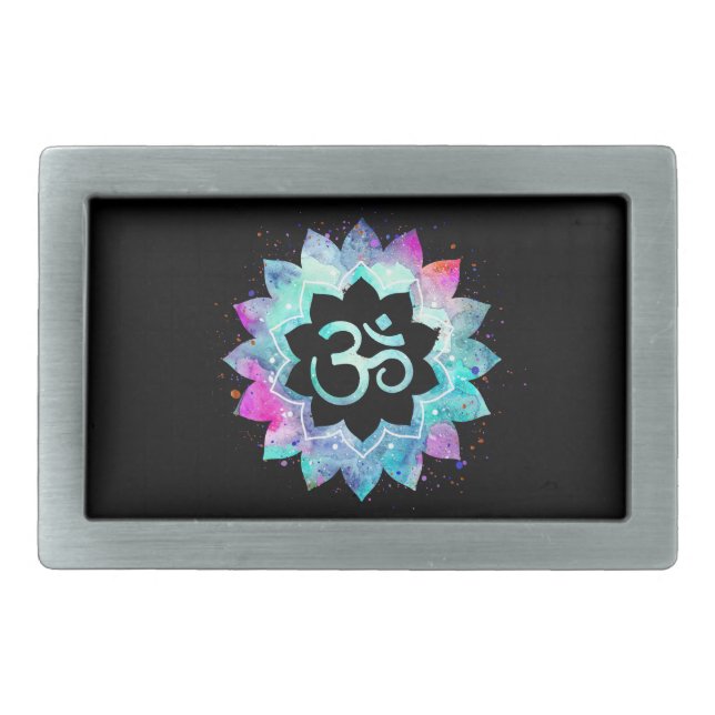 *~* Watercolor Mandala Lotus OM  AUM Symbol Belt Buckle (Front)