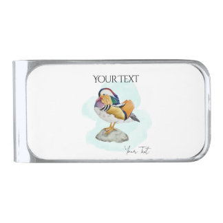 Watercolor Mandarin Duck Silver Finish Money Clip