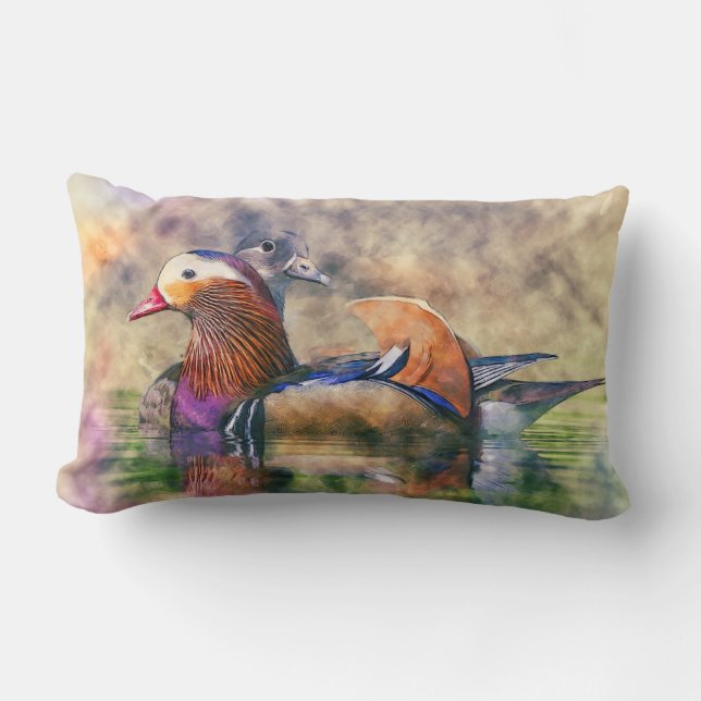 Watercolor Mandarin Ducks Feng Shui Symbol Lumbar Pillow (Front)