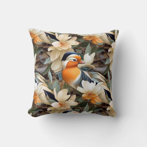 Watercolor mandarina duck flowers floral pattern throw pillow