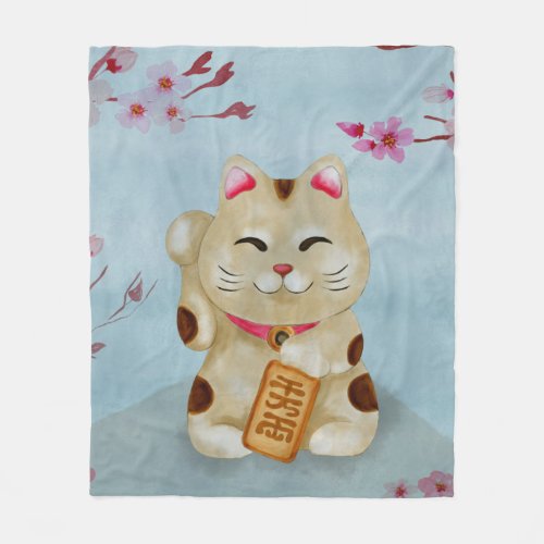 Watercolor Maneki_neko cat under flowering sakura Fleece Blanket