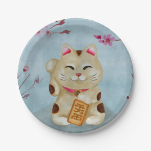 Watercolor Maneki-neko cat under flowering sakura Paper Plates