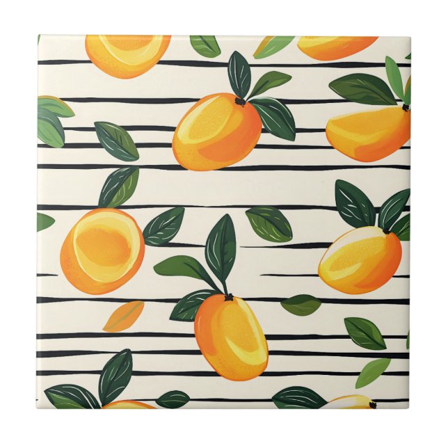 Watercolor Mango Pattern with Green Leaves Ceramic Tile (Front)