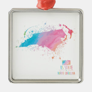 Watercolor Map   North Carolina Metal Ornament
