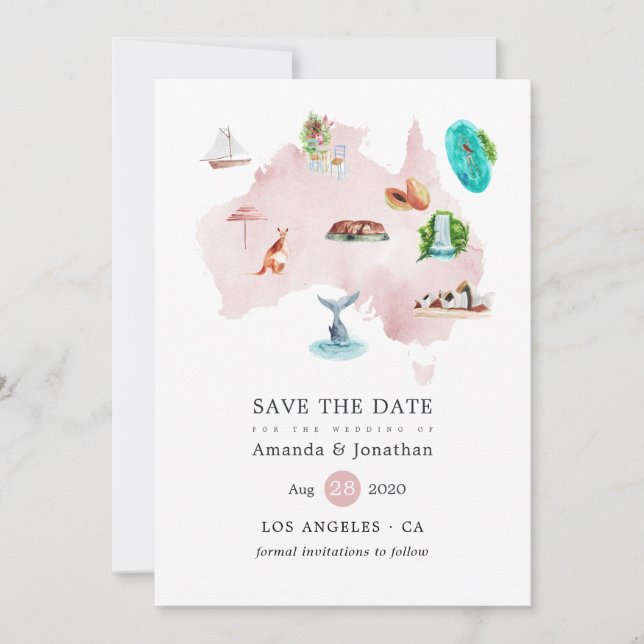 Watercolor Map of Australia Destination Wedding Save The Date (Front)