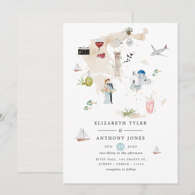 Watercolor Map of Greece Destination Wedding Invitation (Front/Back)