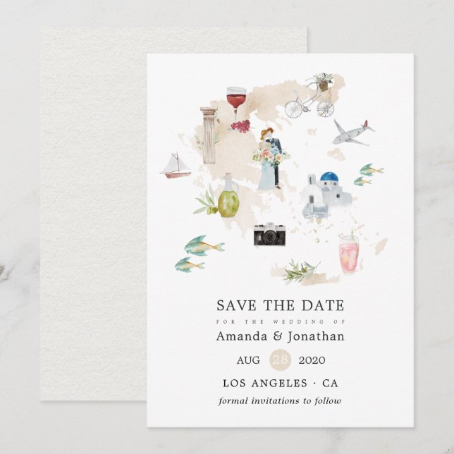 Watercolor Map of Greece Destination Wedding Save The Date (Front/Back)
