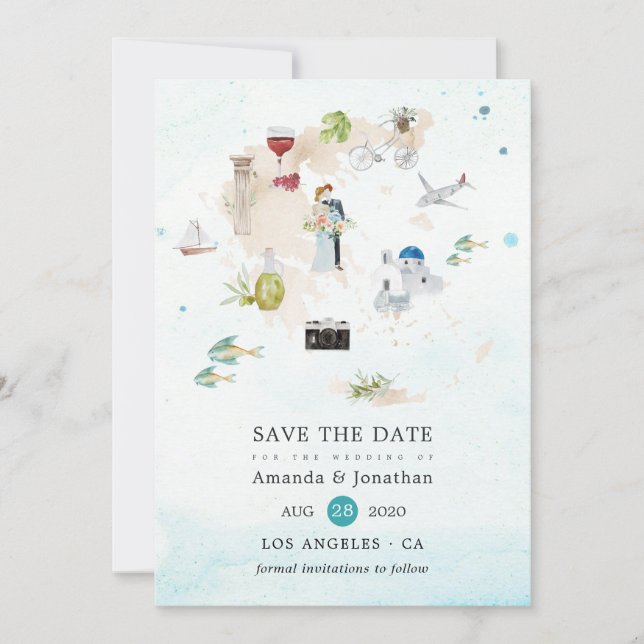 Watercolor Map of Greece Destination Wedding Save The Date (Front)
