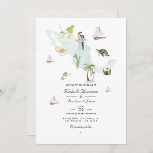Watercolor Map of Mexico QR Code RSVP Wedding Invitation