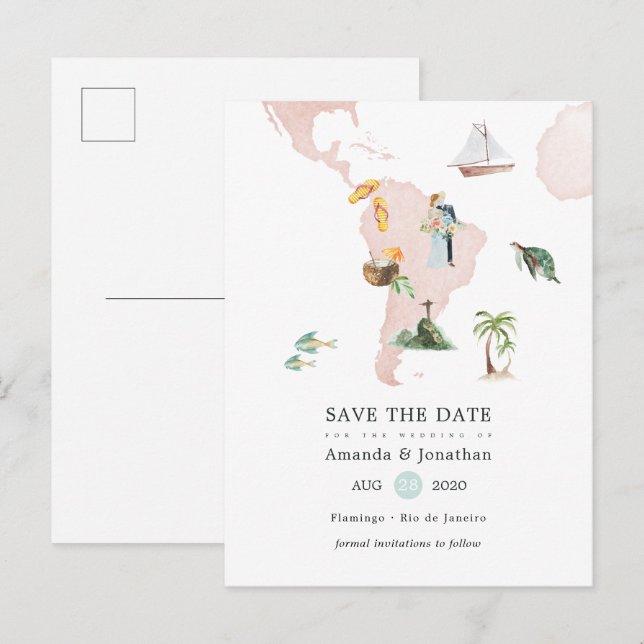 Watercolor Map of Rio Destination Wedding Announce Announcement Postcard (Front/Back)