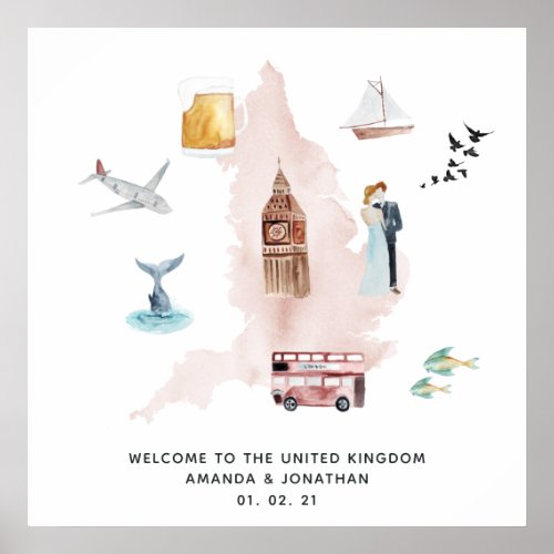 Watercolor Map of UK Destination Wedding Welcome Poster