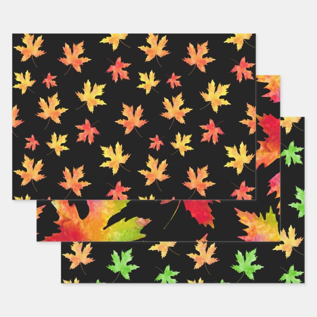  Watercolor Maple Leaf Patterns Black Background Wrapping Paper Sheets (Set)