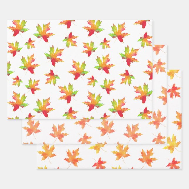  Watercolor Maple Leaf Patterns Wrapping 3 Paper Sheets (Set)