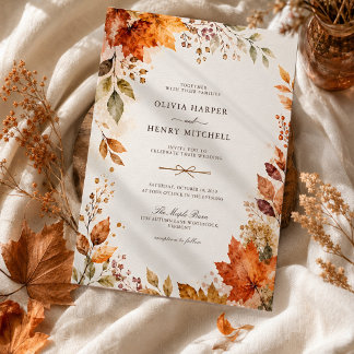 Watercolor Maple Leaf Rustic Autumn Wedding Invitation