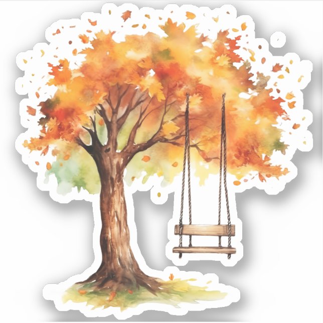 Watercolor Maple Tree and Swing Fall Sticker (Front)
