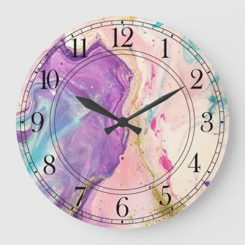 Watercolor Marble Abstract Modern Gold Chic Large Clock